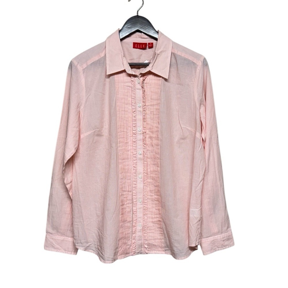 Elle Striped Ruffle Tuxedo Front Button Down Shirt Long Sleeve Size XL Coquette